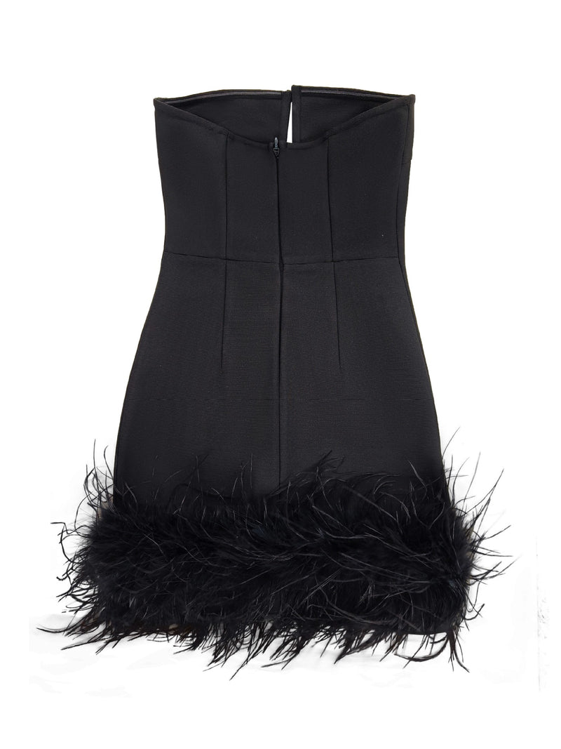 Deep V tube top ostrich feather hip-wrapped mini dress black