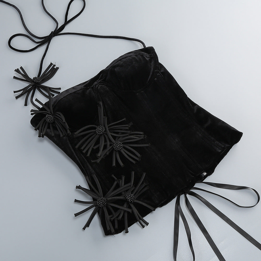 AIIZIE VELVET CORSET FLORAL MINI SKIRT SUIT IN BLACK - product image