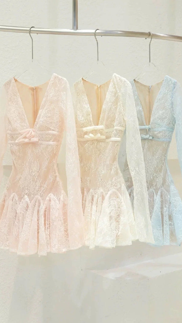 AIIZIE EILEEN LONG-SLEEVE V-NECK LACE A-LINE MINI DRESS IN PINK - product image