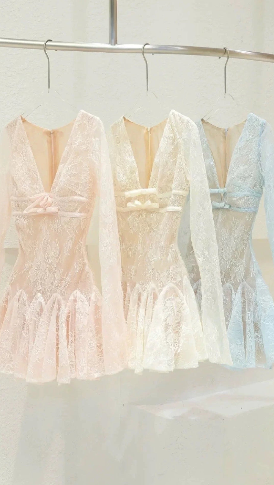 EILEEN LONG-SLEEVE V-NECK LACE A-LINE MINI DRESS IN PINK