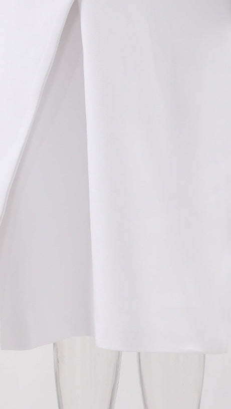 REGINA WHITE ASYMMETRIC NECK POLYCOTTON SHEATH MIDI DRESS