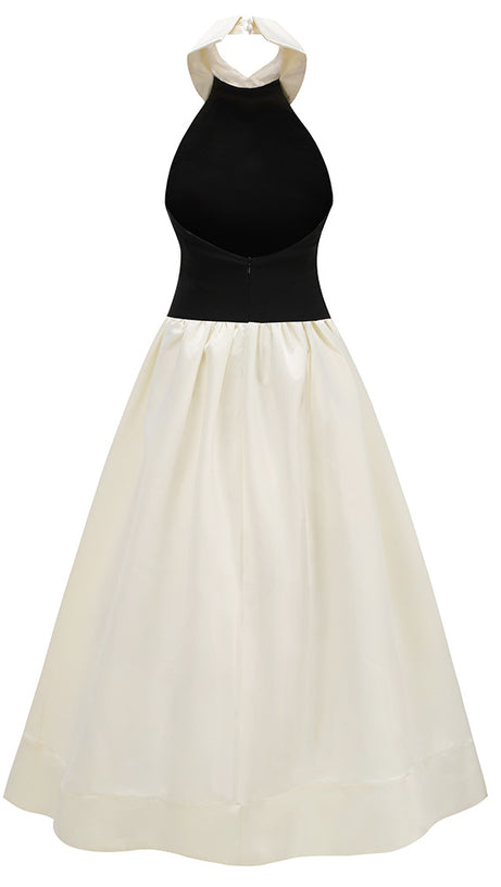 BLACK AND WHITE HALTER NECK COLLARED MAXI DRESS
