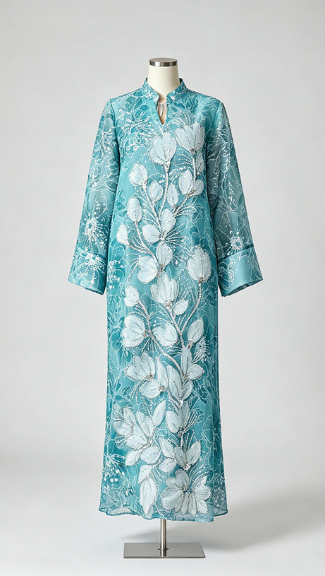 vivien Beaded floral embroidery maxi dress - blue