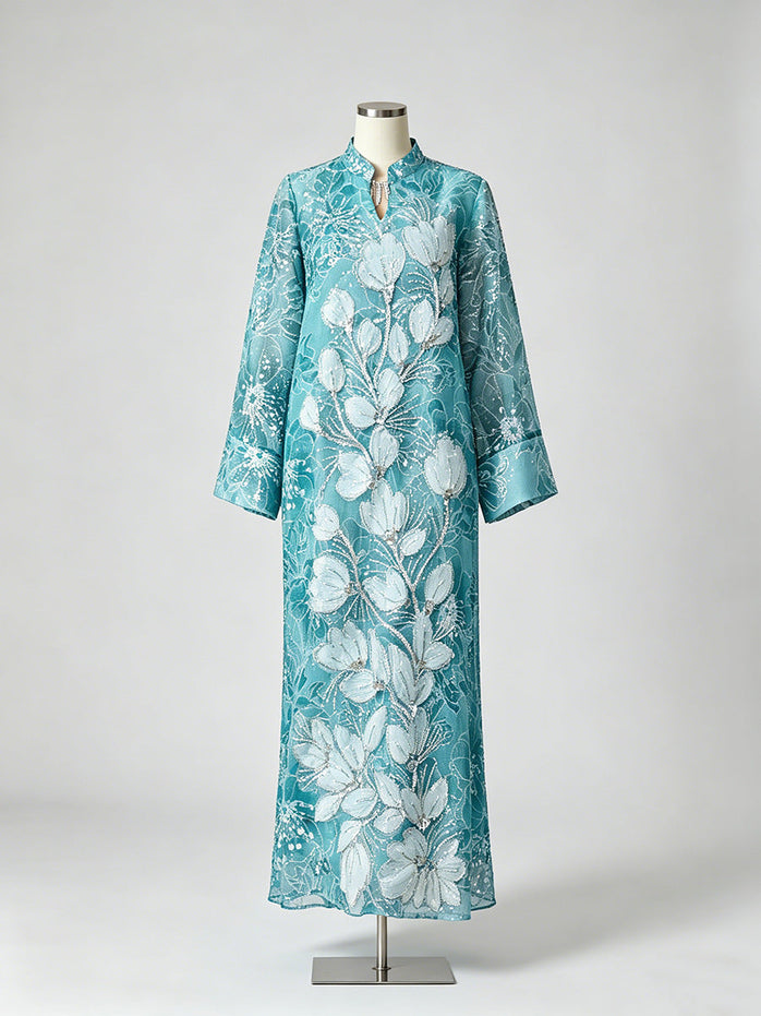 Vivien Beaded Floral-Embroidery Maxi Dress in Blue