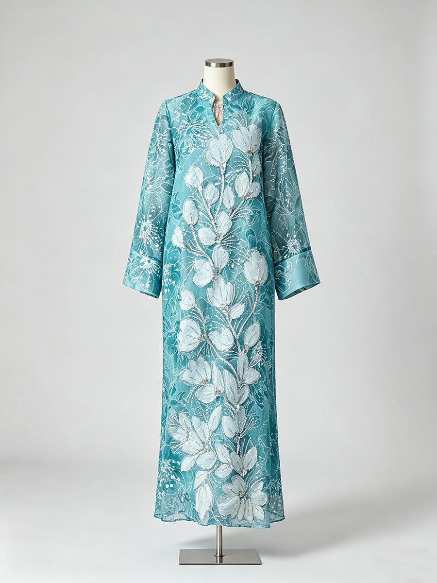 Vivien Beaded Floral-Embroidery Maxi Dress in Blue