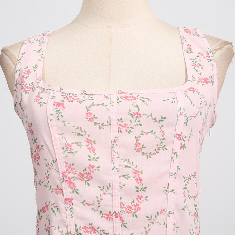 Gemma – Cremefarbenes Midikleid aus Stretch-Baumwolle mit Blumenmuster und Schnürung