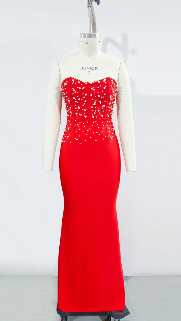 AIIZIE PEARL BANDAGE MAXI DRESS TUBE TOP FISHTAIL RED - product image