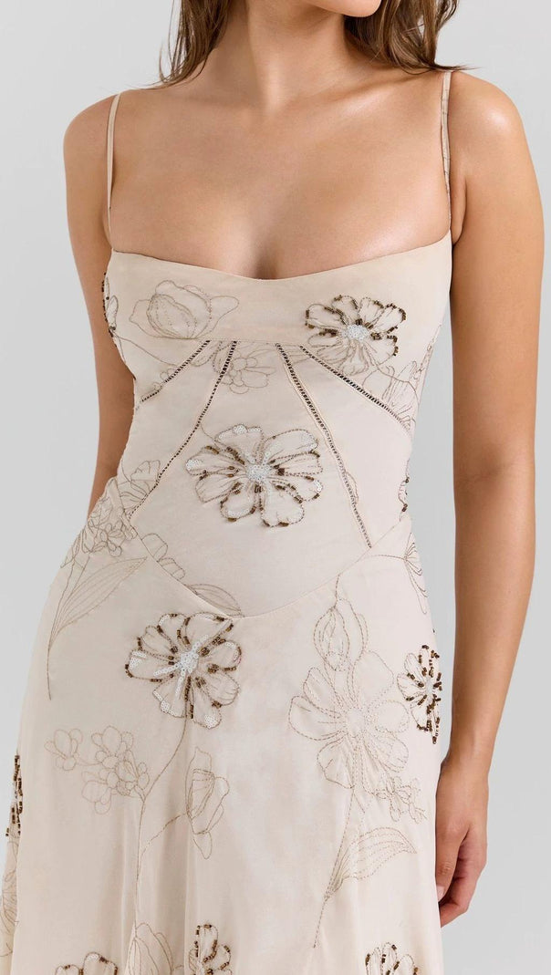 Vintage embroidered hollow slip maxi dress - white