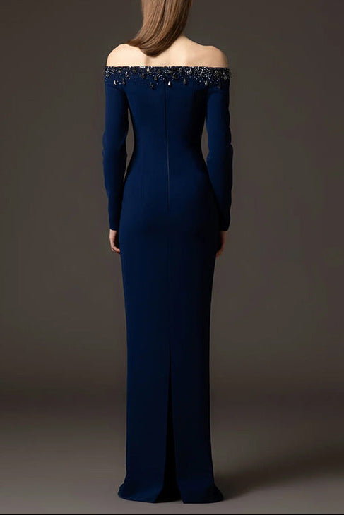 navy blue one-line collar bead diamond long dress