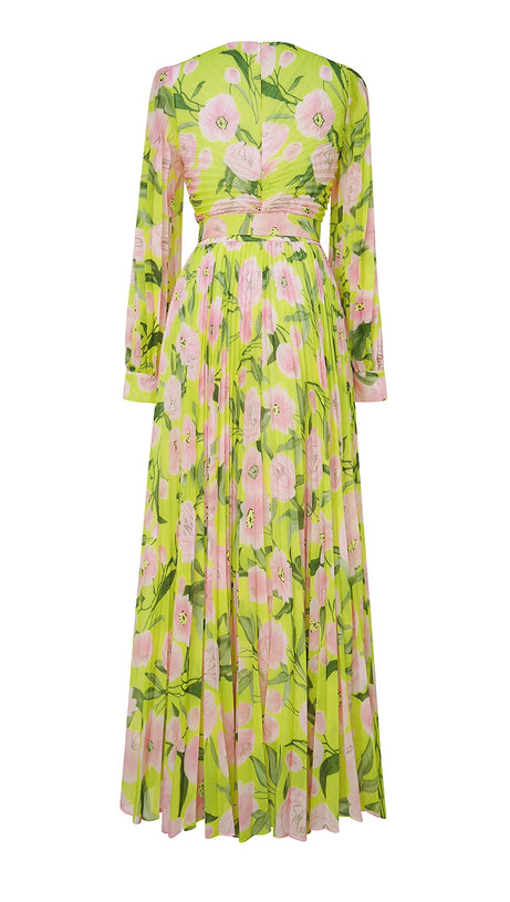 YELLOW LONG-SLEEVED FLORAL MAXI DRESS