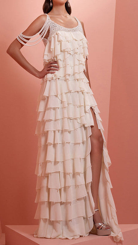 white nail bead layered lotus leaf slit maxi dress