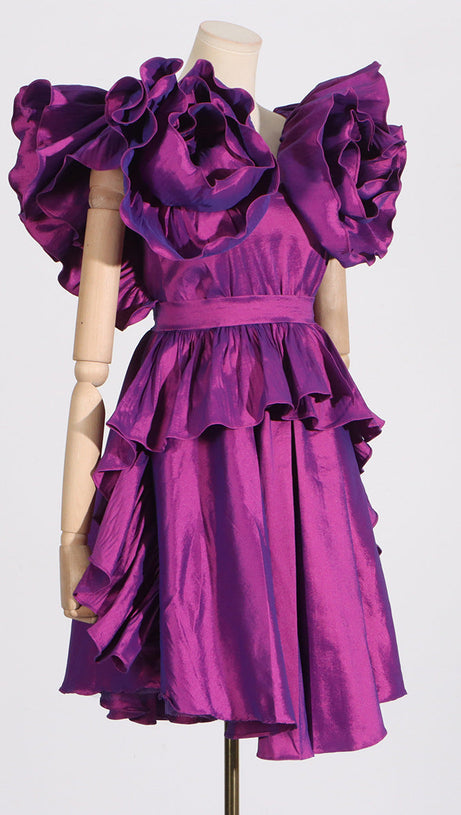 RUFFLES SATIN MINI DRESS IN PURPLE