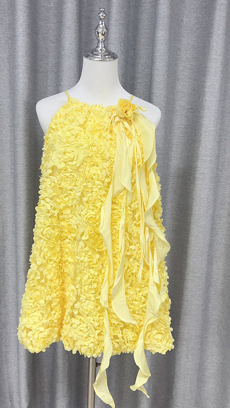 MINI ABITO CON SCOLLO A V E NASTRO GIALLO