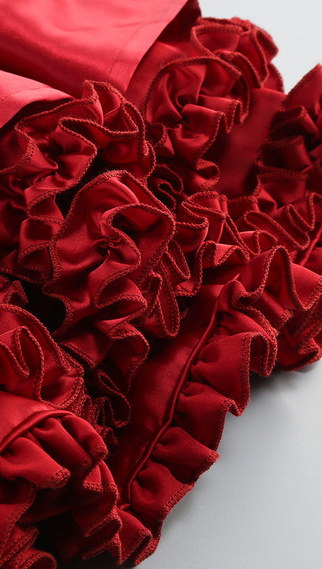 SALLY RUFFLE TRIM STRAPLESS MINI DRESS IN RED