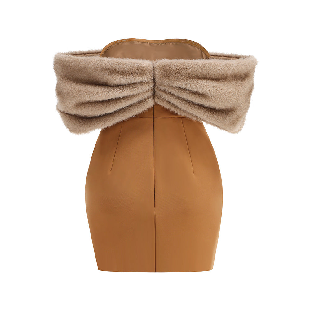 AIIZIE BROWN OFF - SHOULDER FAUX FUR TRIM BODYCON DRESS - product image