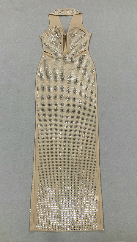 RHINESTONE MESH HALTER NECK MAXI DRESS