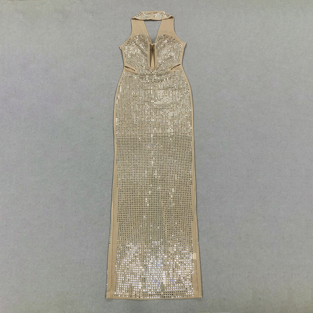 Neckholder-Maxikleid aus Netzstoff mit Strass