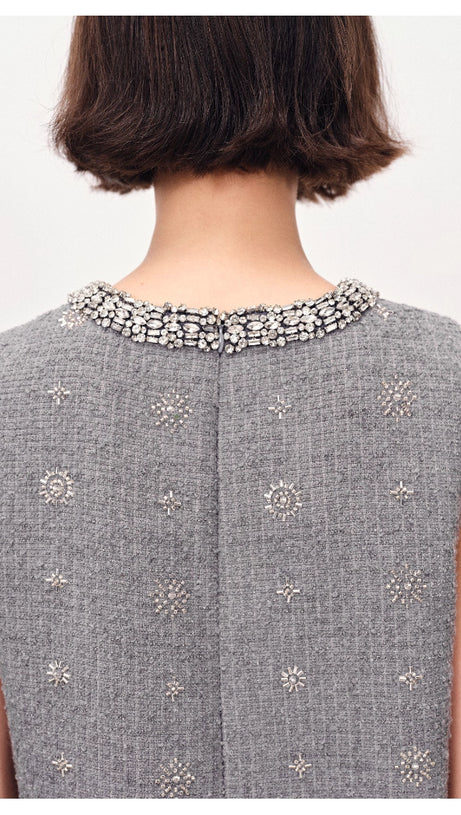 HASANA SPARKLING GREY TWEED SLEEVELESS MINI DRESS WITH CRYSTAL EMBELLISHMENTS