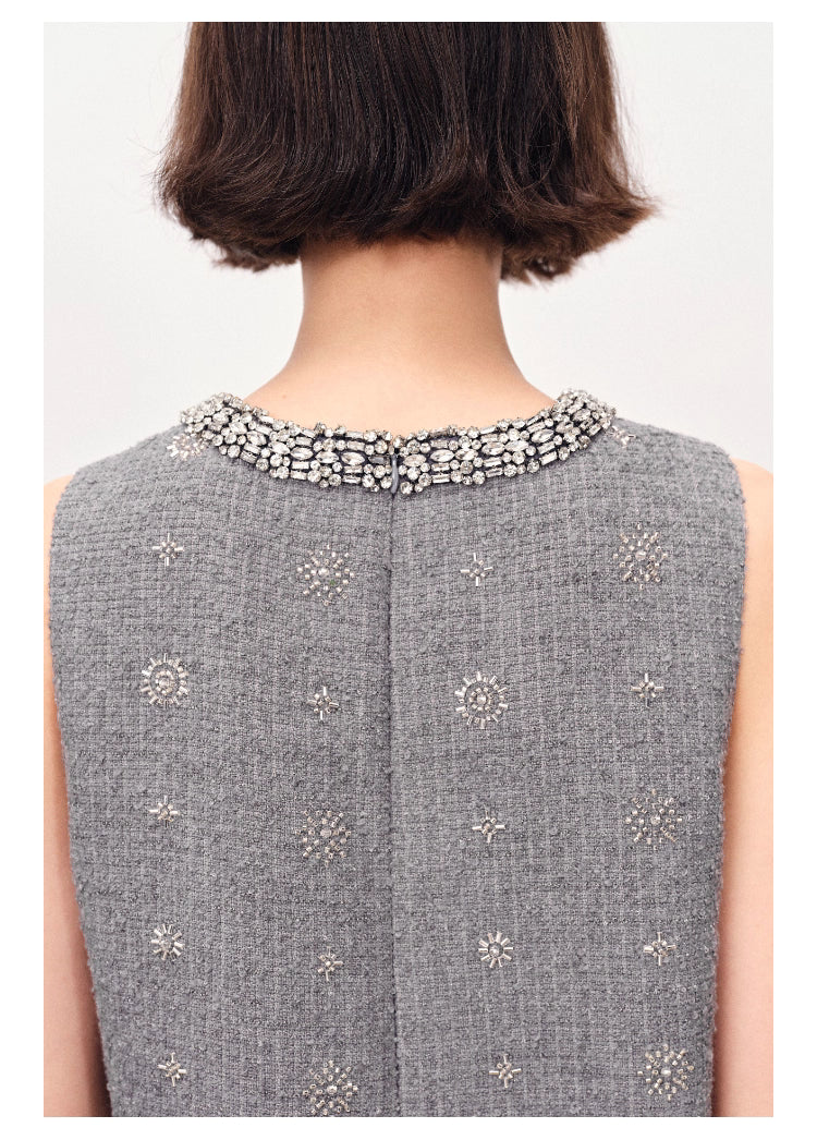 HASANA SPARKLING GREY TWEED SLEEVELESS MINI DRESS WITH CRYSTAL EMBELLISHMENTS