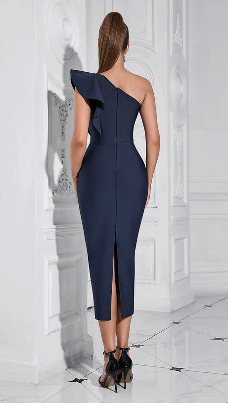 POLLY METAL CHAIN DECOR RUFFLE BODYCON MIDI DRESS