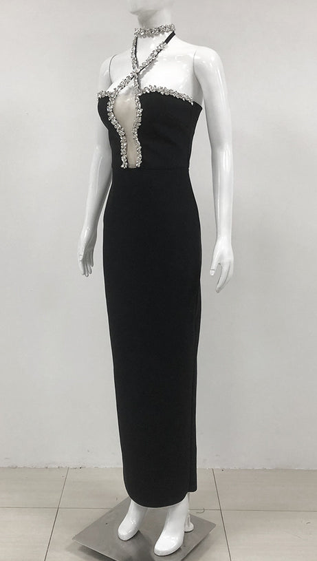 DIAMOND-EMBELLISHED HALTERNECK FITTED BANDAGE MAXI DRESS BLACK