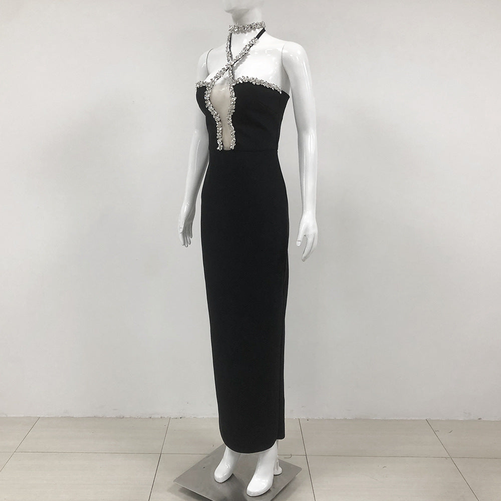 AIIZIE DIAMOND-EMBELLISHED HALTERNECK FITTED BANDAGE MAXI DRESS BLACK - product image
