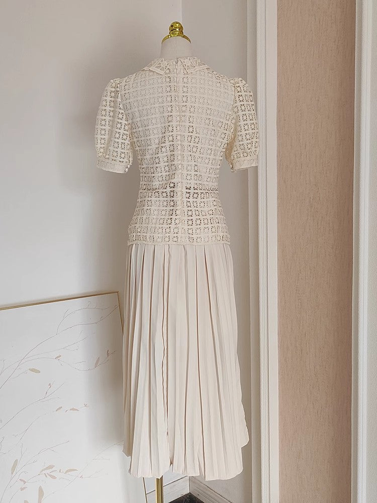 AIIZIE DOUBLE BREASTED LANTERN SLEEVE LACE TOP PLEATED SKIRT SET IN APRICOT - product image