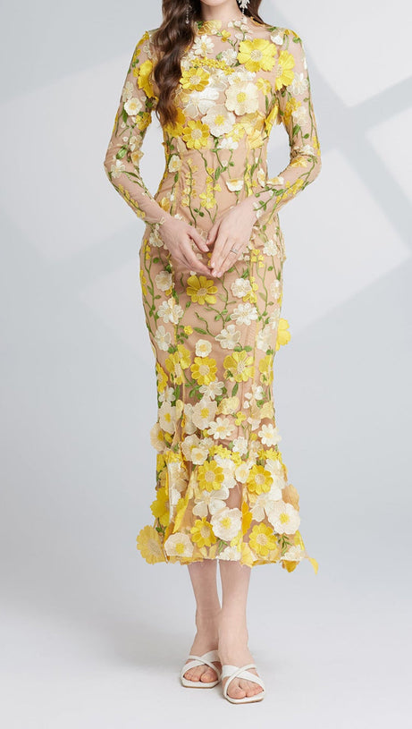 CAROL GELBES MIDIKLEID AUS NETZ MIT LANGEN ÄRMELN UND BLUMENSTICKEREI