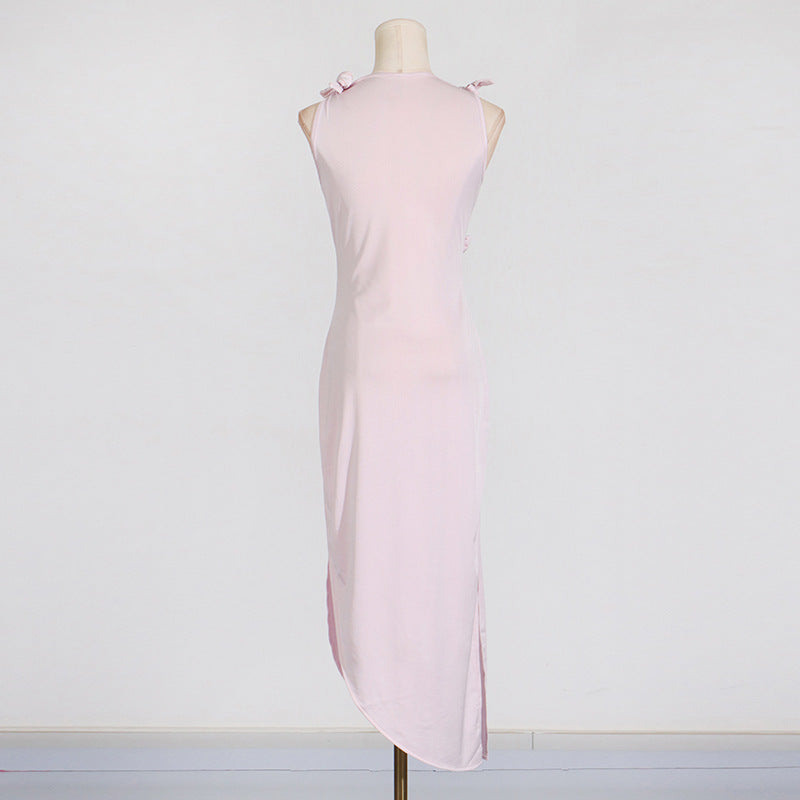 3D FLOWER ASYMMETRIC SATIN SLIT GOWN IN PINK