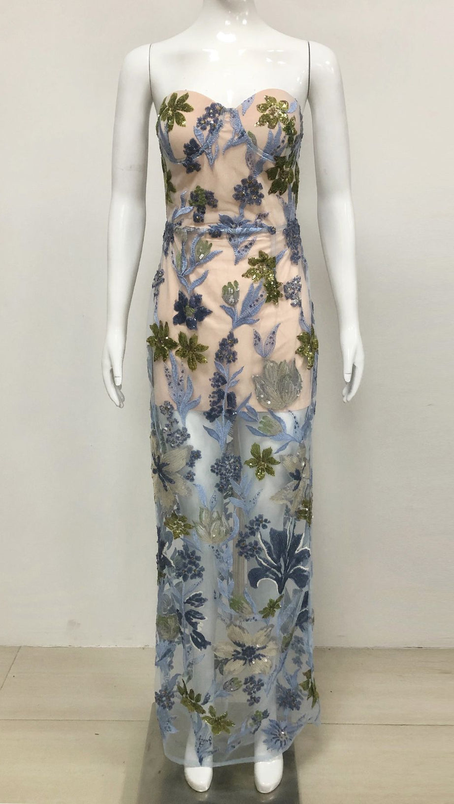 OFF-SHOULDER WITH 3D MESH EMBROIDERED SEQUINS MAXI DRESS WHITE