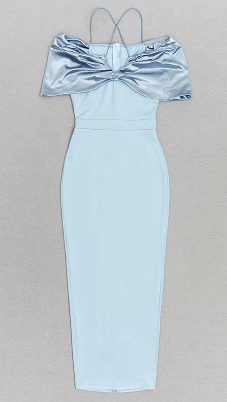 BLUE BOW - DECORATED OFF - SHOULDER MIDI DRESS