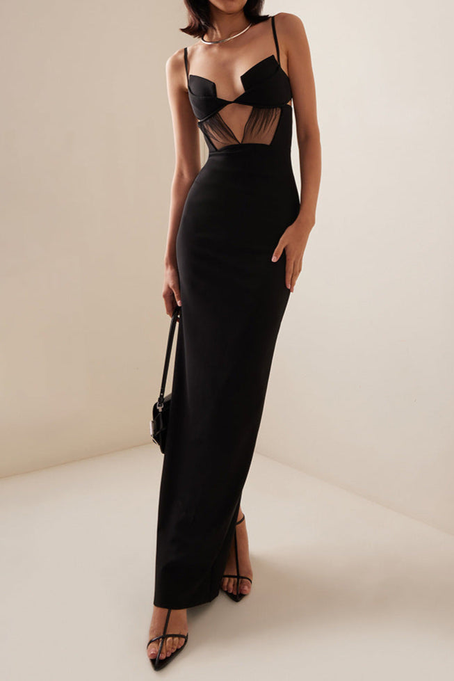 back slit knitted bandage maxi dress in black