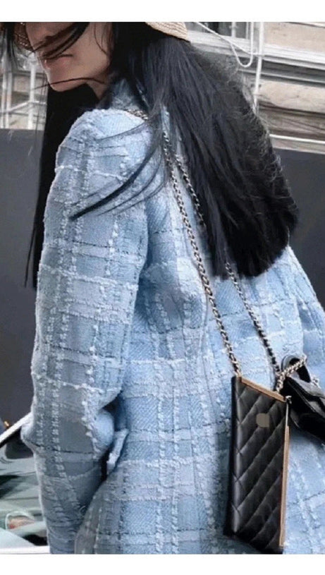 PLAID DOUBLE BREASTED TWEED BLAZER IN BLUE