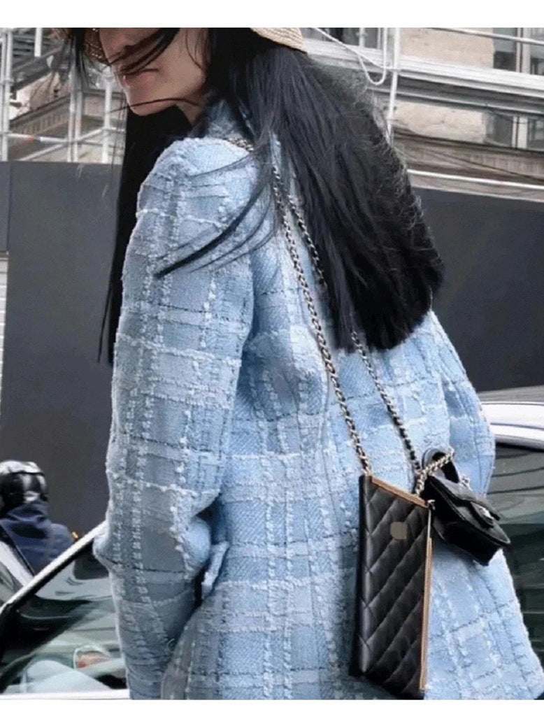 AIIZIE PLAID DOUBLE BREASTED TWEED BLAZER IN BLUE - product image