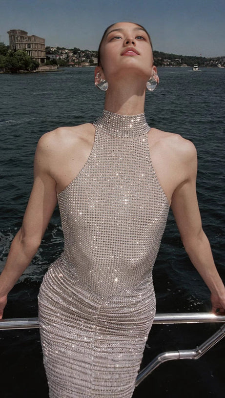 RUCHED SEQUIN BODYCON MAXI DRESS IN APRICOT