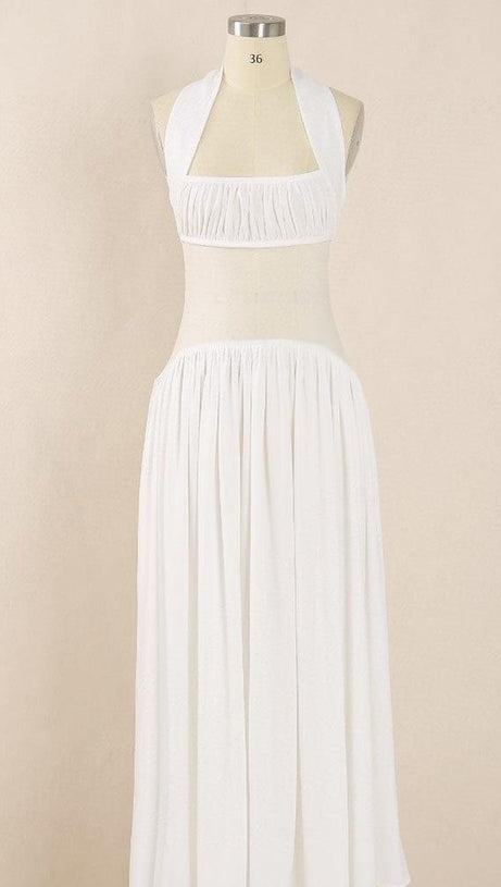 HILARY HALTER NECK RUFFLE MAXI DRESS IN WHITE