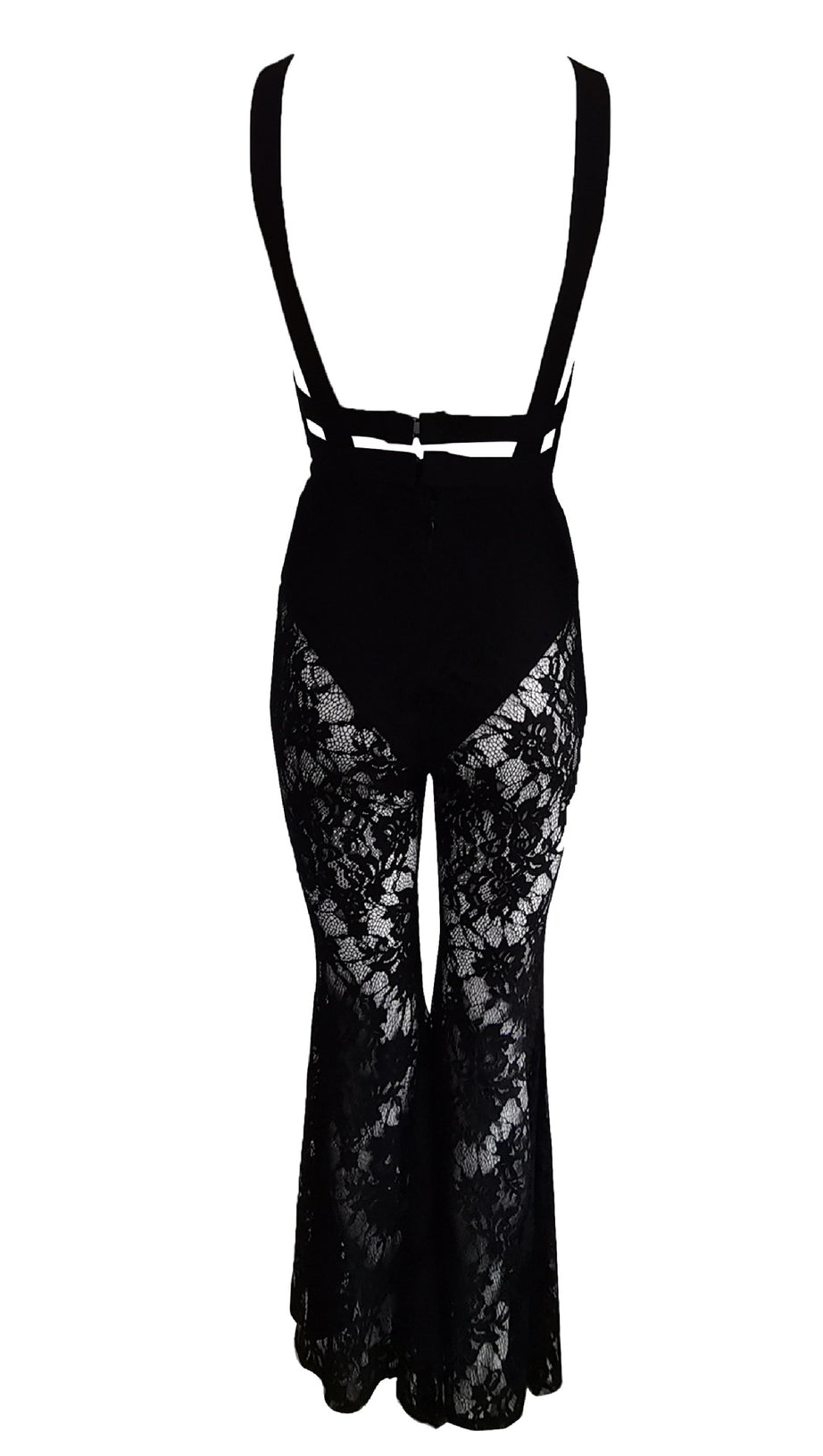 BLACK HALTER NECK LACE JUMPSUIT