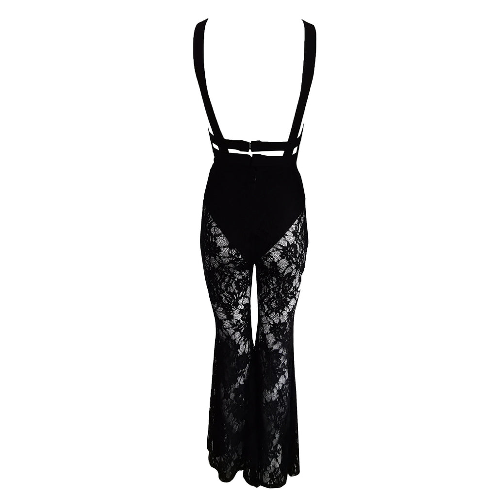 BLACK HALTER NECK LACE JUMPSUIT