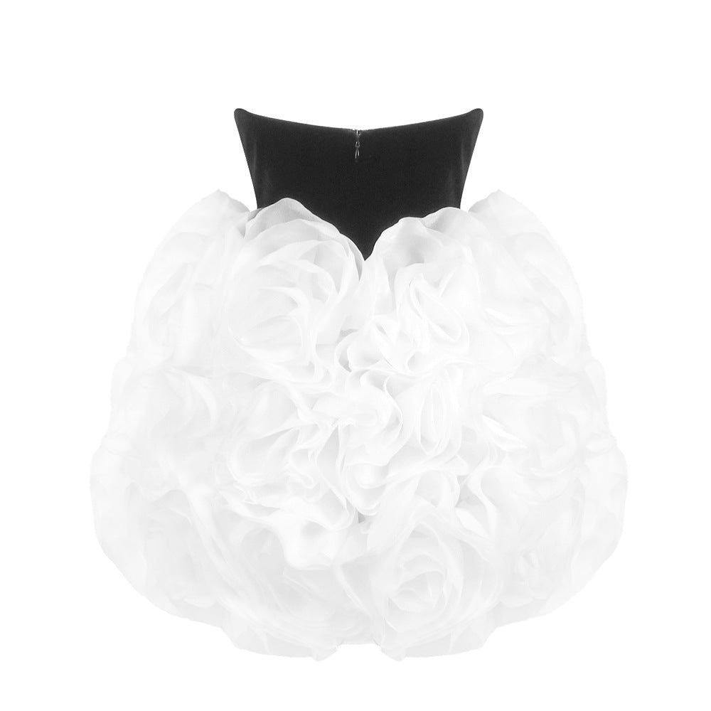 AIIZIE TINA WHITE 3D FLOWERS STRAPLESS BLACK MINI DRESS - product image