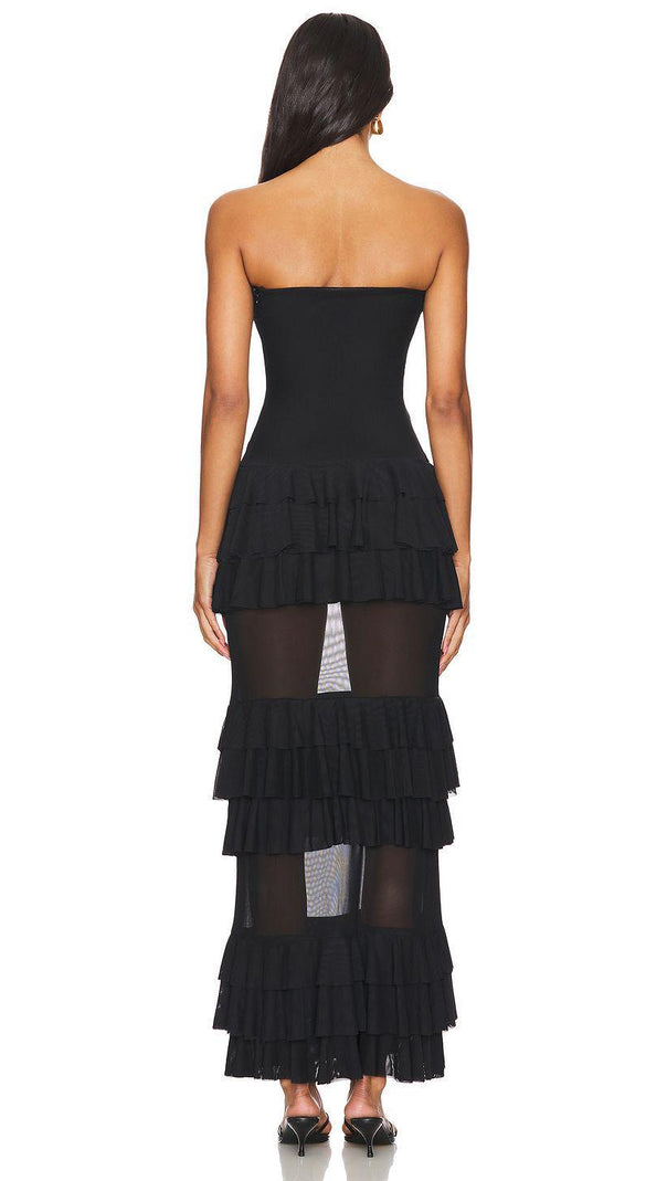 AIIZIE BLACK STRAPLESS TIERED RUFFLE MESH MIDI DRESS - product image