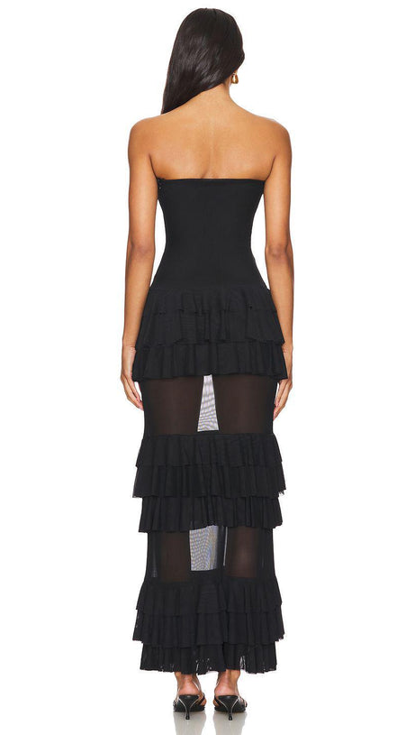 ABITO MIDI NERO SENZA SPALLINE CON VOLANT A VOLANT