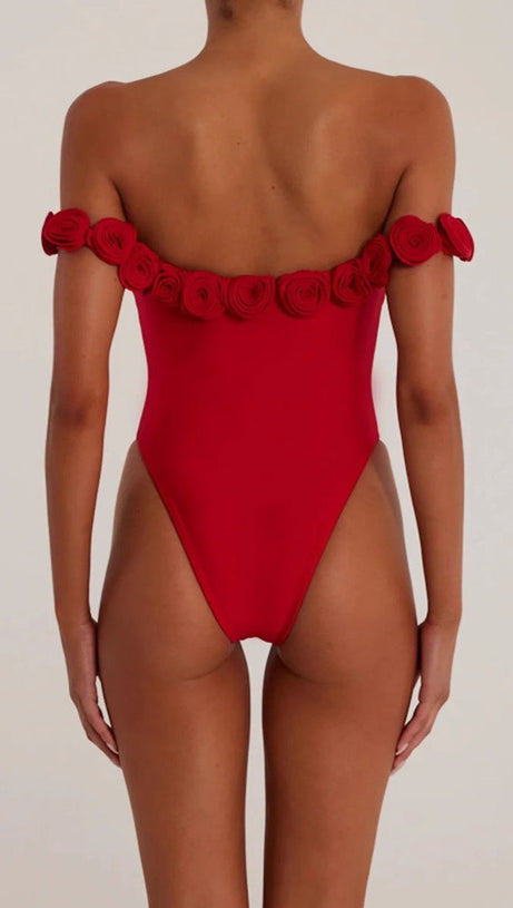 Trägerloser Bodysuit mit 3D-Blumenmuster in Rot