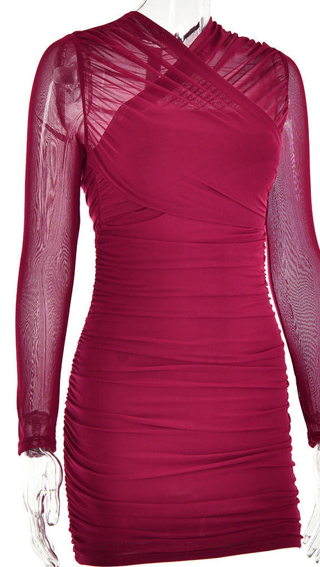LONG SLEEVE RUCHED MESH DRESS IN WINE