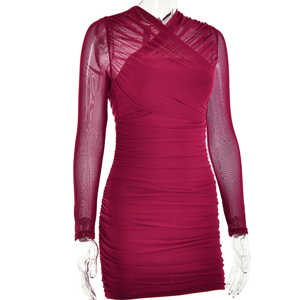 AIIZIE LONG SLEEVE RUCHED MESH DRESS IN WINE - product image