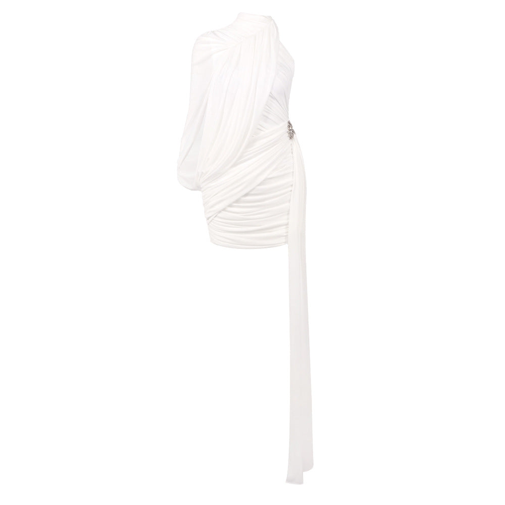 off-shoulder single-sleeve pleated bodycon Ribbon mini dress - white