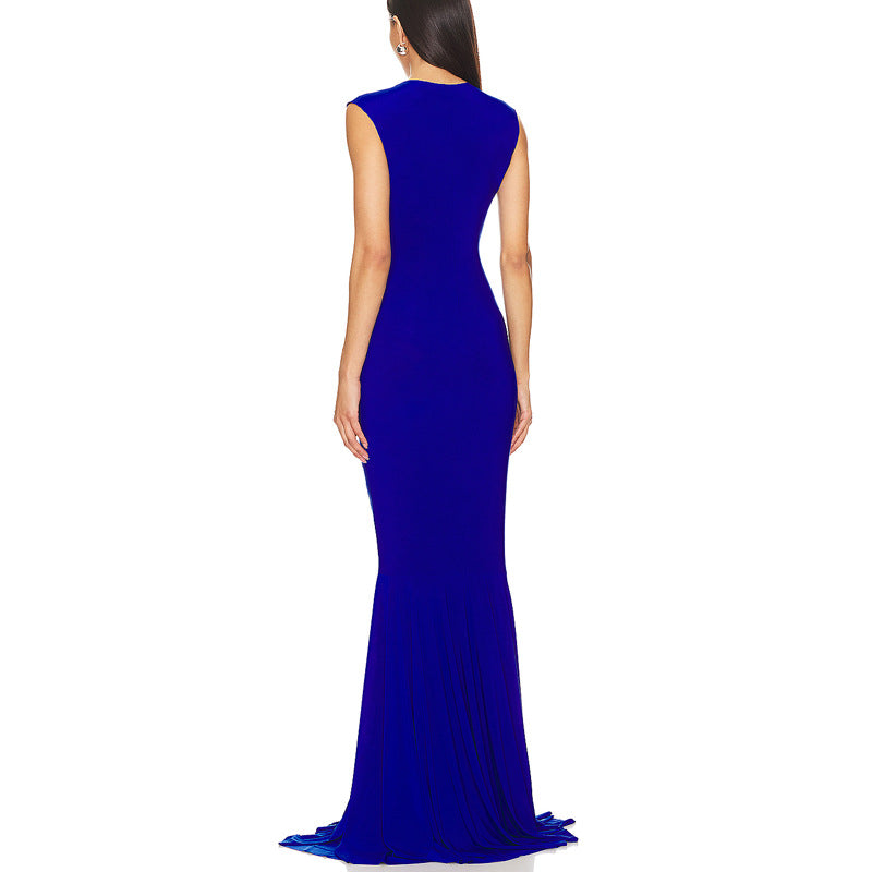 SLEEVELESS DEEP V NECK SHIRRED FRONT FISHTAIL GOWN
