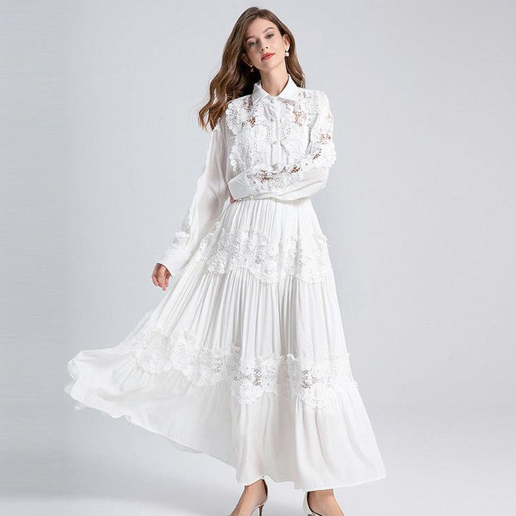alexandra Splicing Flapped Lace hollow Midi Dress in white