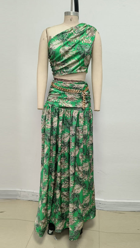 GREEN PALM LEAF PRINTED ONE - SHOULDER TWO - PIECE MAXI SKIRT SET