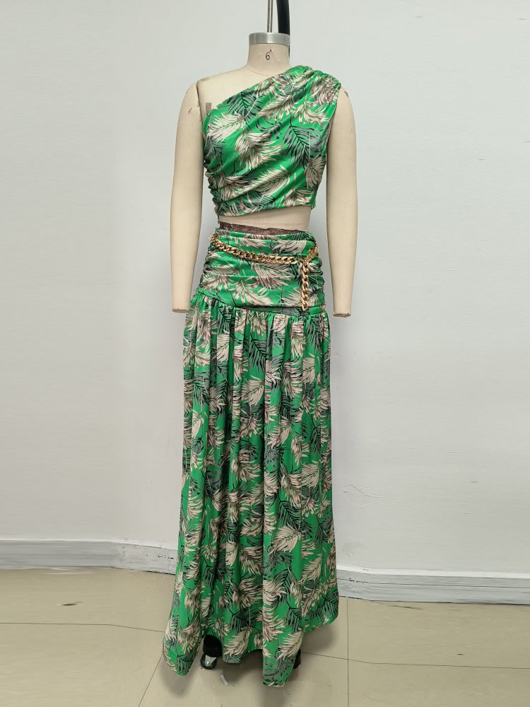 AIIZIE GREEN PALM LEAF PRINTED ONE - SHOULDER TWO - PIECE MAXI SKIRT SET - product image