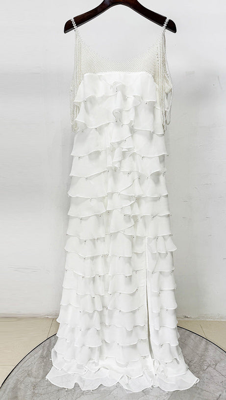 white nail bead layered lotus leaf slit maxi dress